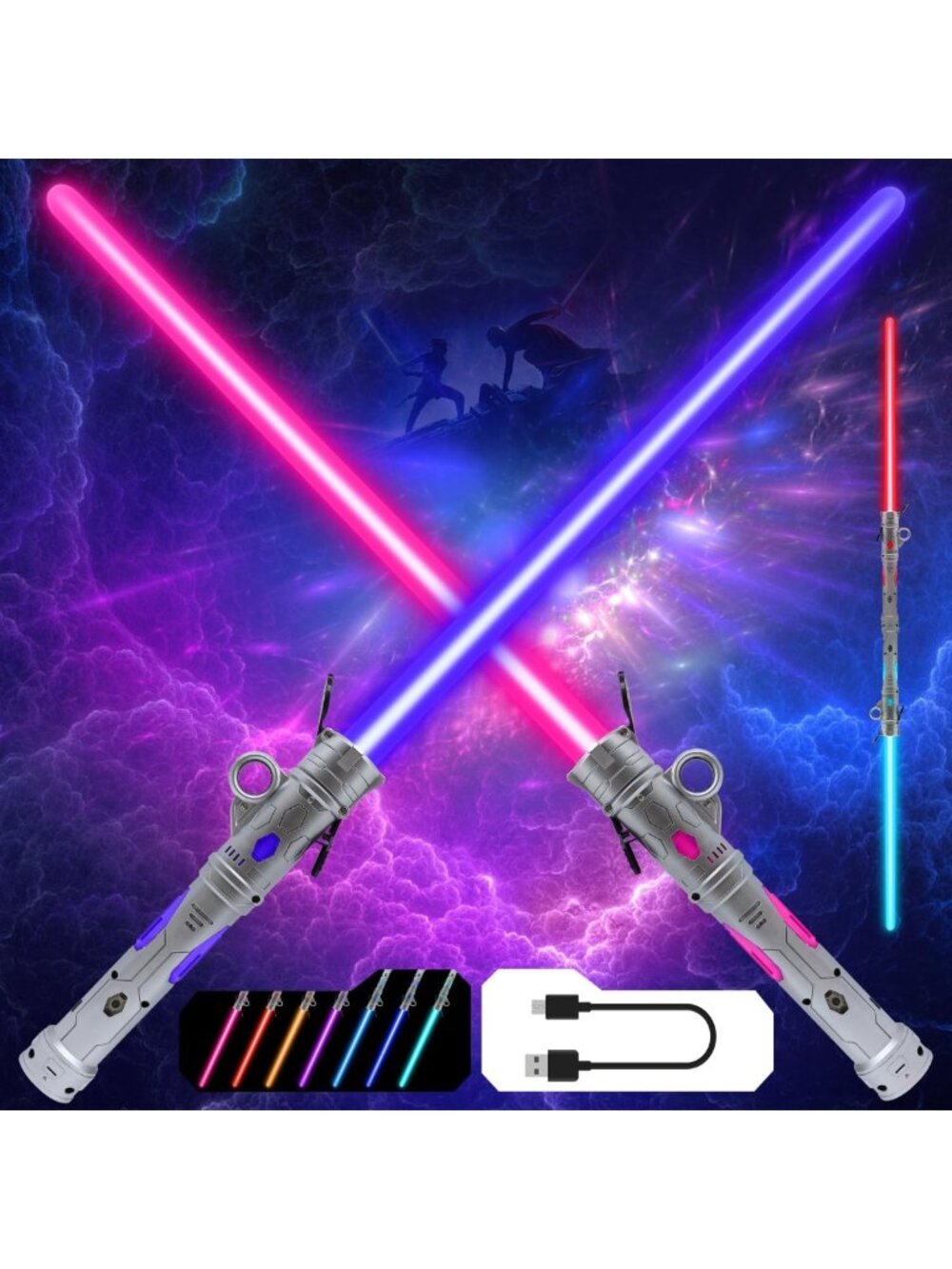 Kids 2-in-1 LED Light Swords Set - Color Changing, Sound Effects, Rechargeable